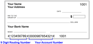 Where to find the routing, bank, and check numbers on a typical check