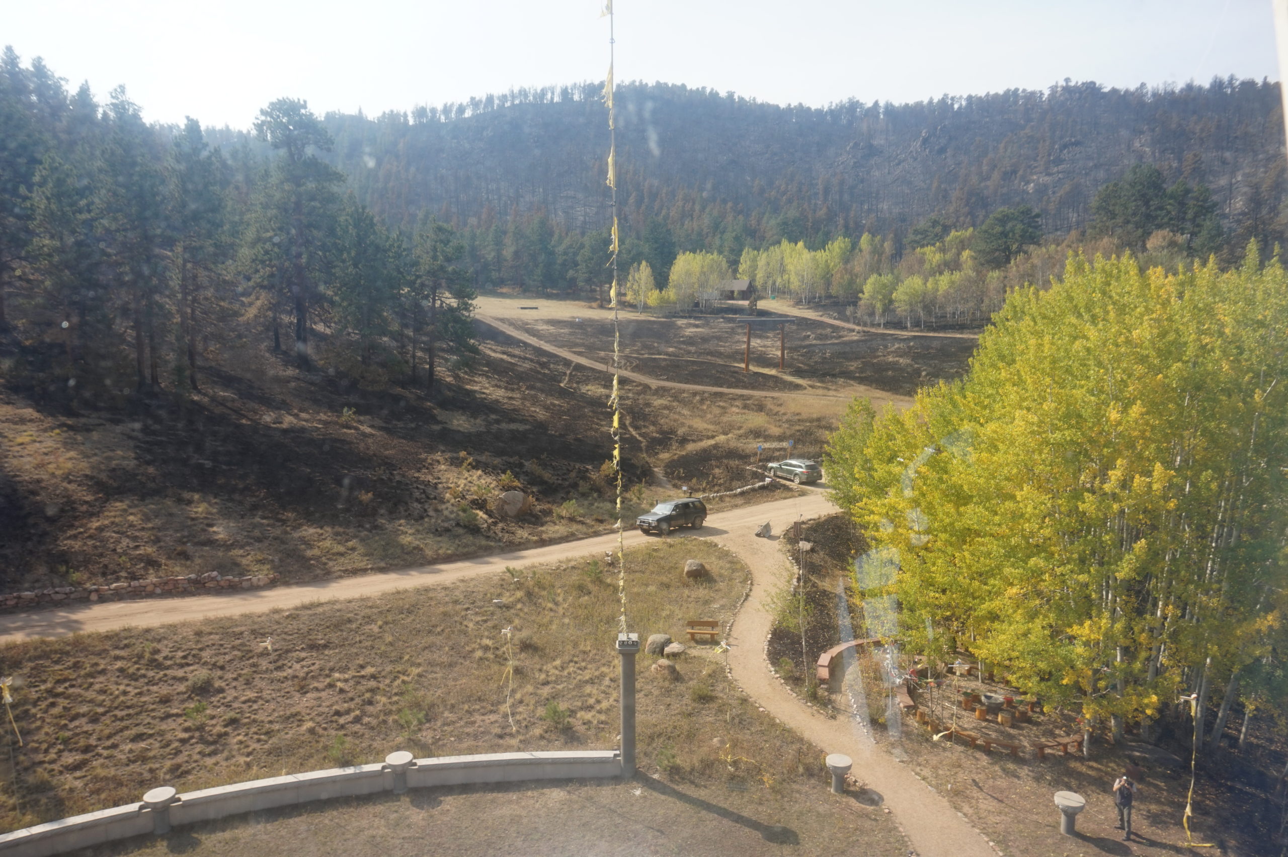 8. Looking south, out from the upper floor of the Stupa, across MPE grounds